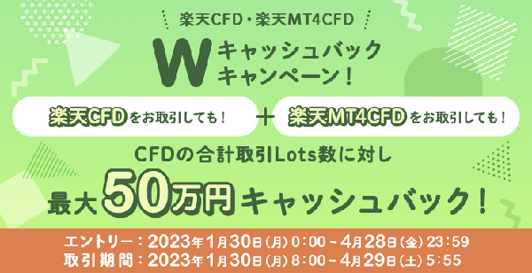 楽天証券【楽天CFD・楽天MT4CFD】最大50万円！Wキャッシュバックキャンペーン！