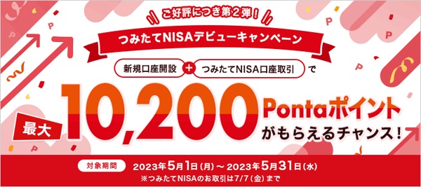 auカブコム証券：つみたてNISAをはじめよう！新規口座開設＋つみたてNISA口座取引で最大で10,200Pontaポイントがもらえるキャンペーン！
