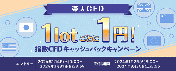 楽天証券【楽天CFD】1lotごとに1円！指数CFDキャッシュバックキャンペーン！
