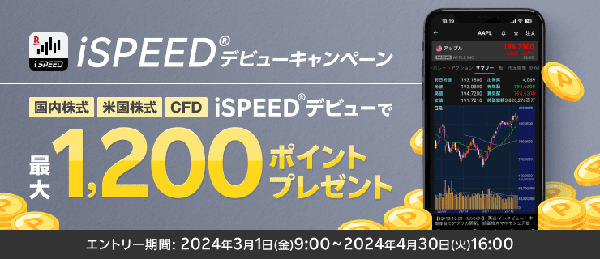 楽天証券：最大1,200ポイントプレゼント！iSPEED(R)デビューキャンペーン！